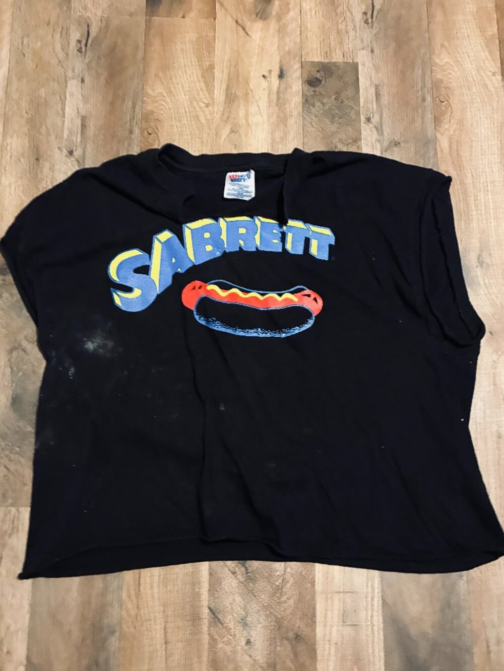 Vintage Sabrett Hot Dog Cutoff T Shirt Black Crop Top Graphic Tee XL